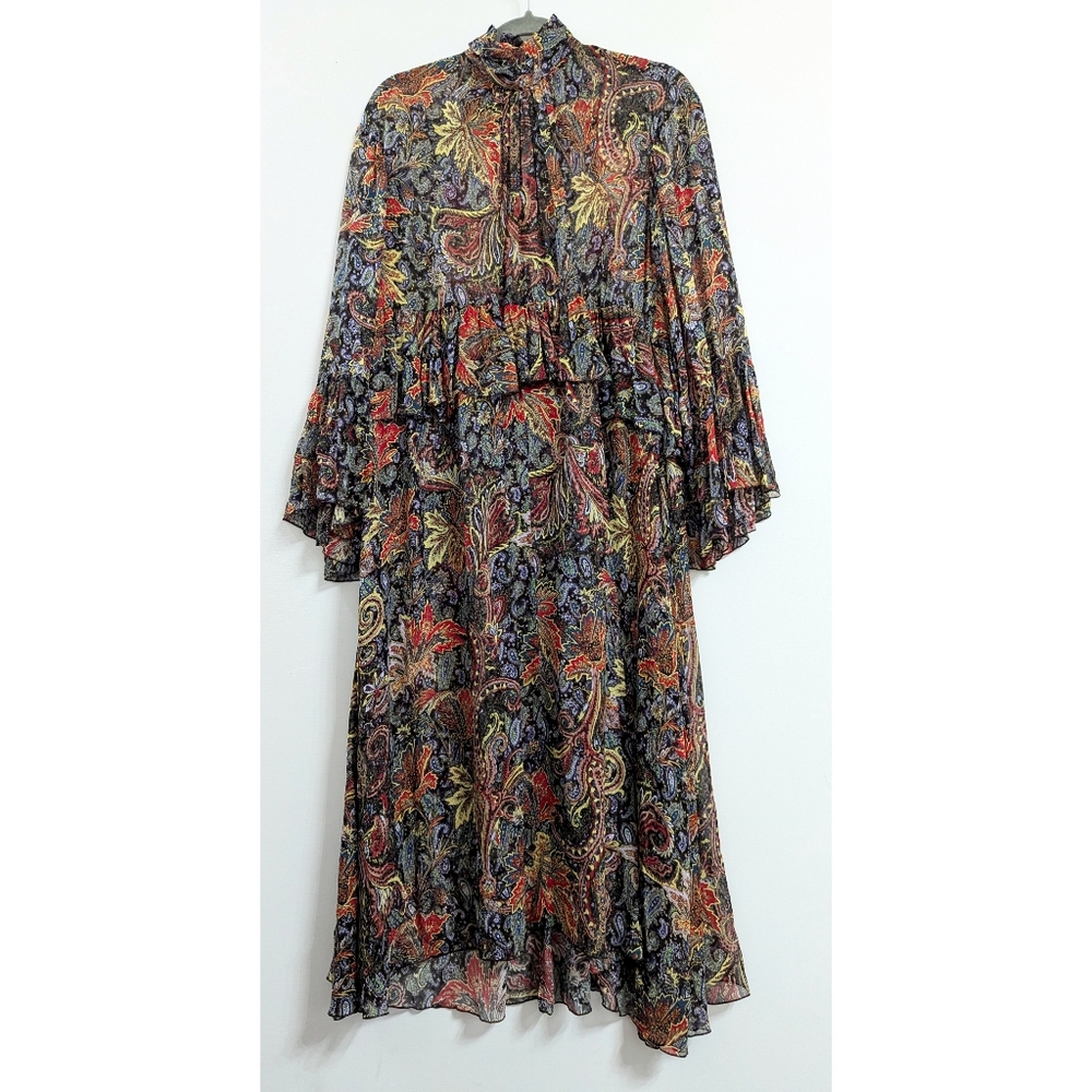 ZARA Long Oversized Ruffle Trim Printed Dress Women's Size XS-S - Picture 7 of 16